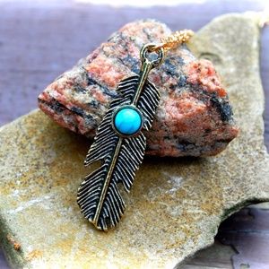 Gold Tone Feather with Turquoise Stone Necklace